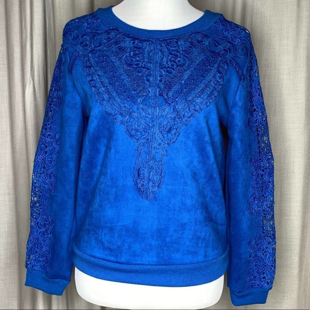 Alice Blue Lace Yoke & Sleeve Suede-like Sweater